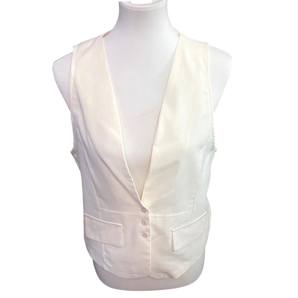 Neutral Womens Off White Cream Linen Tailored Button Front Waistcoat Vest Size L